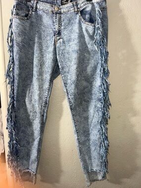 Thrill Acid Wash Stretch Fringe Boyfriend Jeans - Light Blue Plus Size 2X